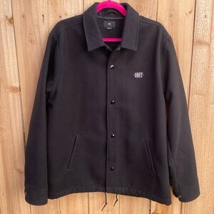 Men's Obey Black Knit Coaches Jacket Size Large Snap Button Collar Logo Workwear